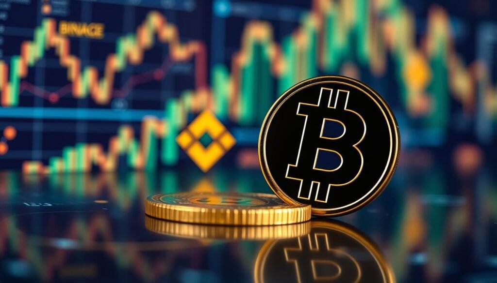 BNB crypto coin logo displayed on a digital background with the Binance Smart Chain ecosystem visualization BNB crypto coin logo displayed on a digital background with the Binance Smart Chain ecosystem visualization