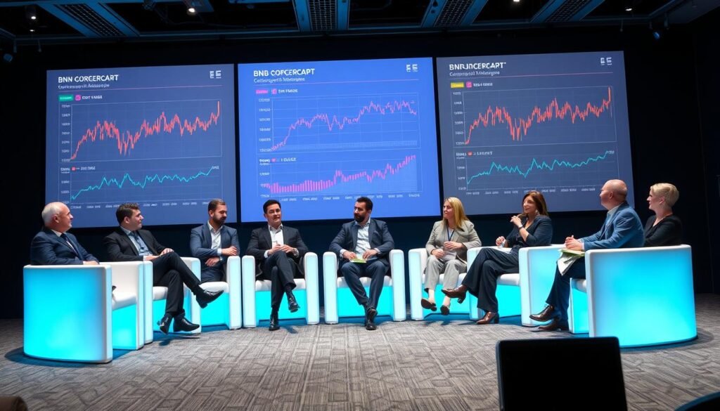 Crypto experts discussing BNB's future potential at a blockchain conference Crypto experts discussing BNB's future potential at a blockchain conference