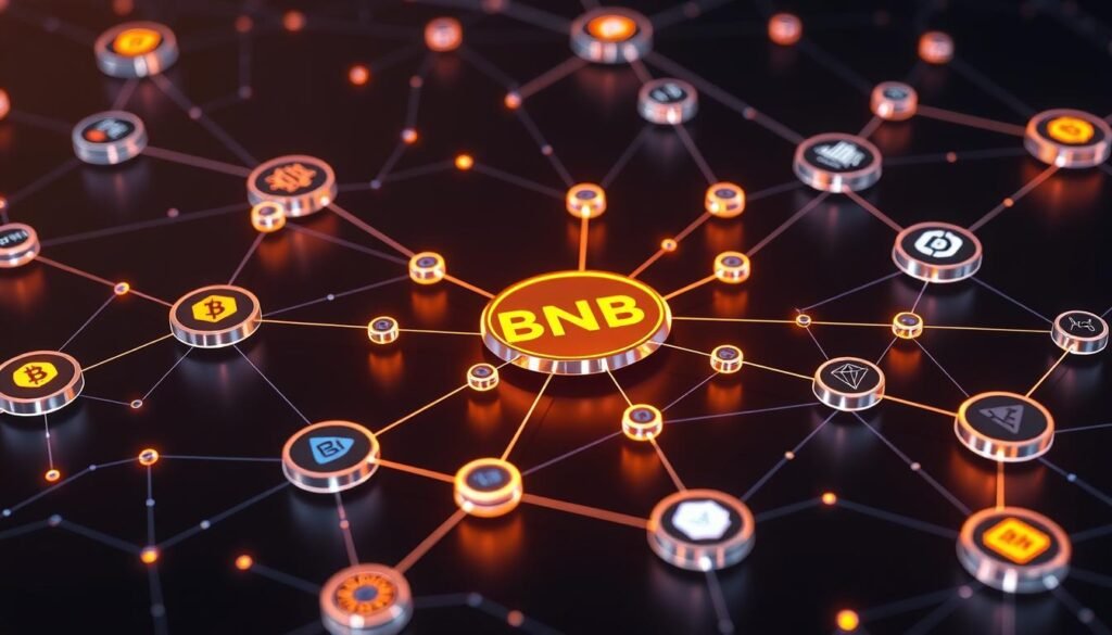 Futuristic visualization of the BNB ecosystem showing interconnected blockchain applications Futuristic visualization of the BNB ecosystem showing interconnected blockchain applications