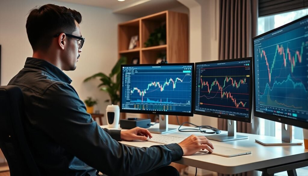 Person researching BNB investment options on multiple screens Person researching BNB investment options on multiple screens
