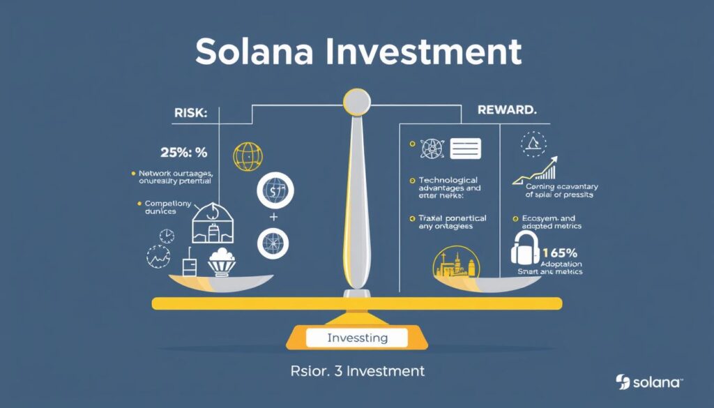 Risk and reward balance scale for Solana investment showing potential upside against various challenges Risk and reward balance scale for Solana investment showing potential upside against various challenges