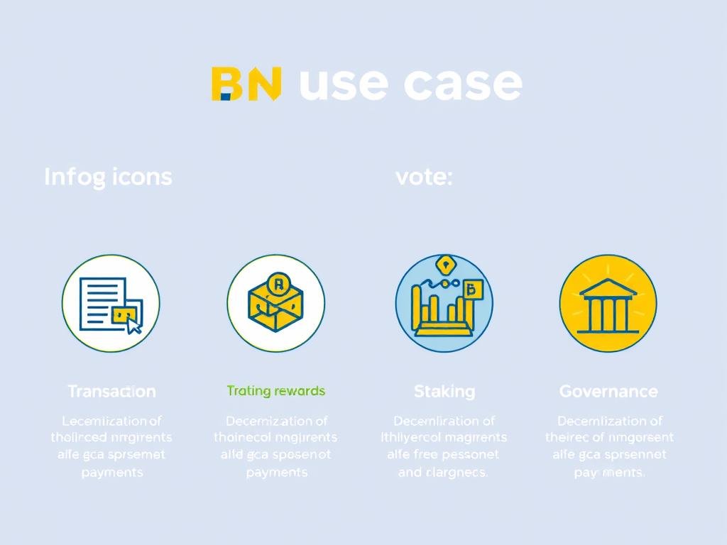 Visual representation of BNB use cases showing transaction fee payments, staking, and governance Visual representation of BNB use cases showing transaction fee payments, staking, and governance